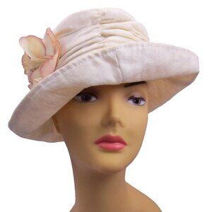 Vtg Cream Off-White Women's Summer Hat Linen Rouched Made in Hong Kong Flower M
